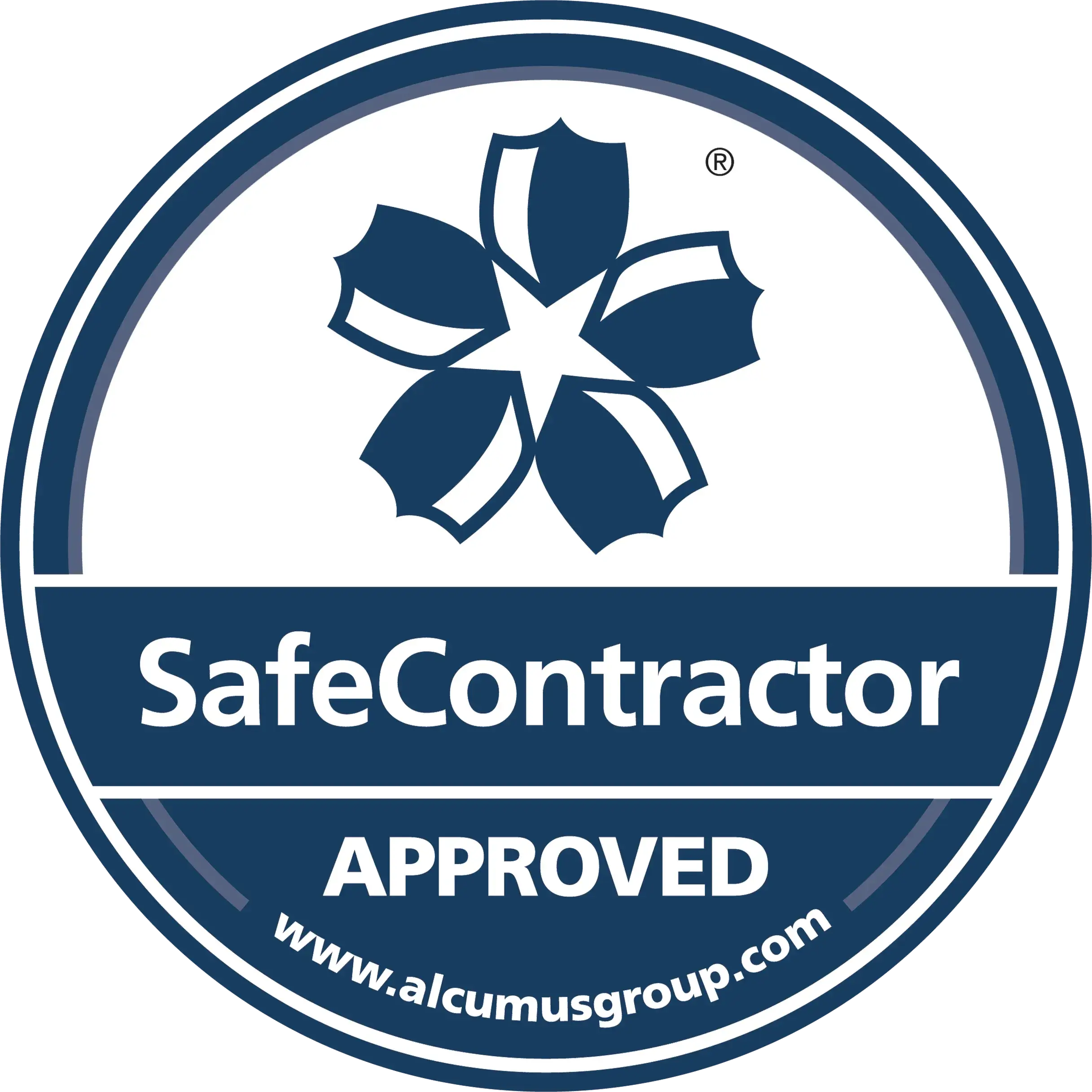 a blue and white seal with the words safecontractor approved